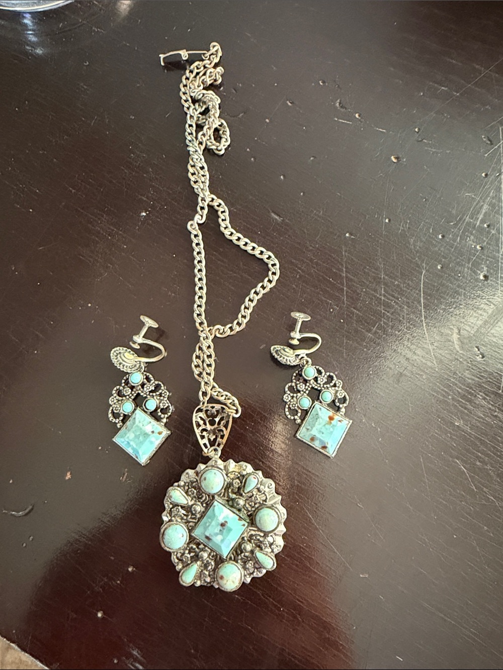 Vintage-Inspired Turquoise Silver Pendant Necklace & Earrings Set